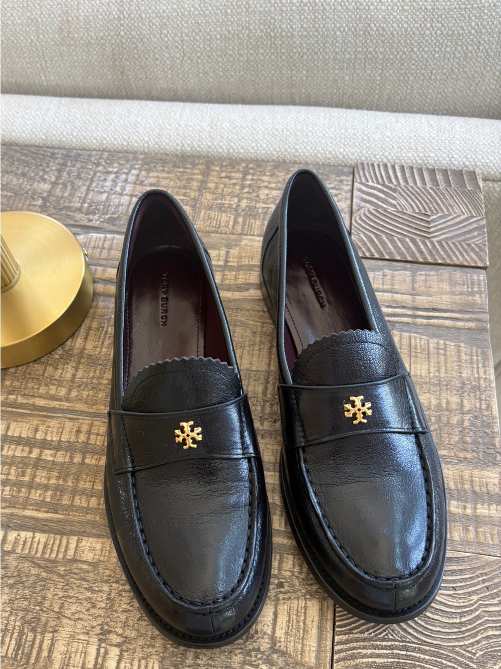 Tory Burch Black Leather Loafers with Gold Logo Accent